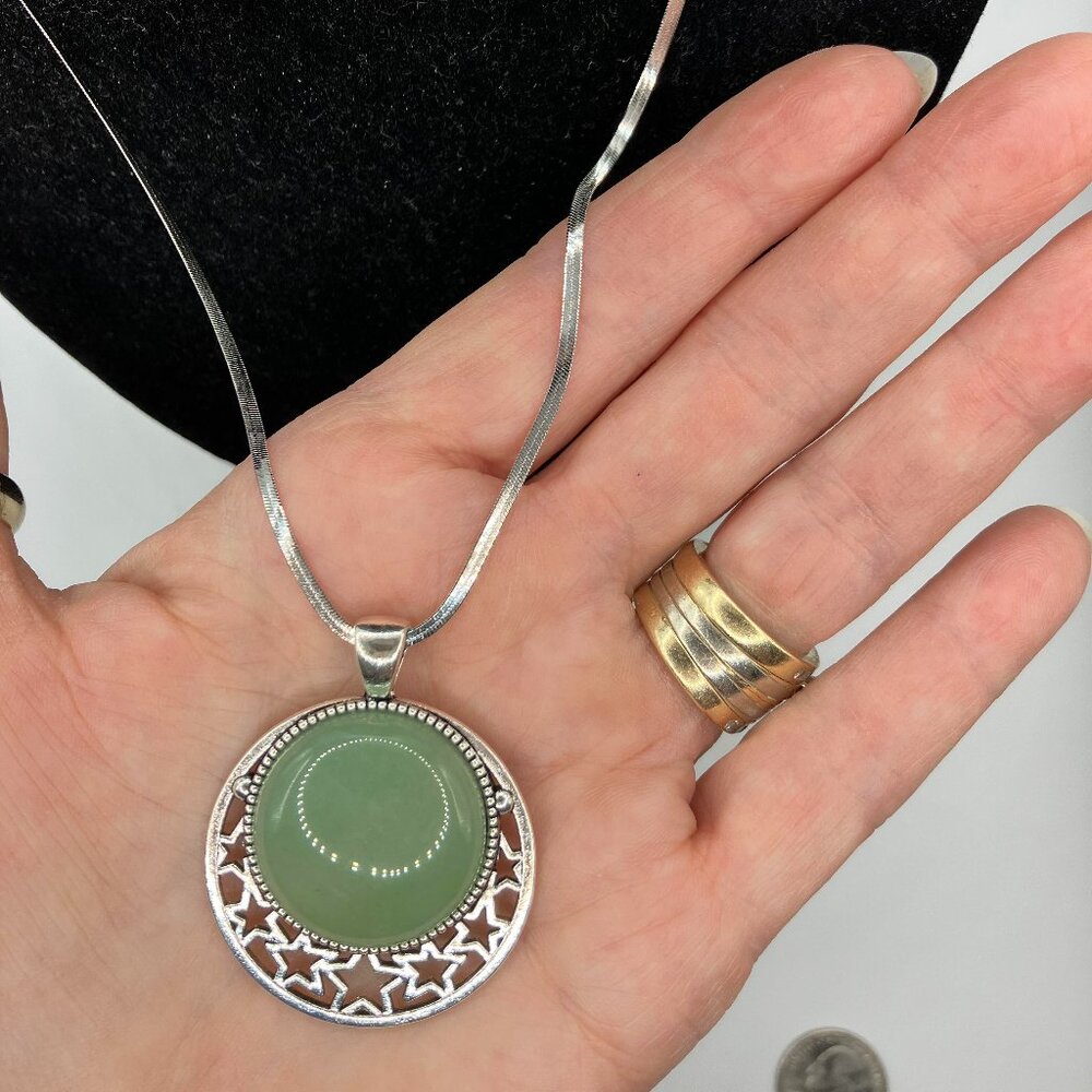 Aventurine round Pendant + Stainless Steel Waterproof Smooth Snake Chain New Box